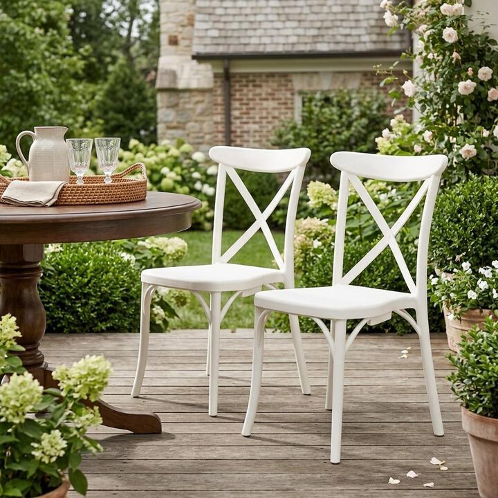HomeRoots Set of Two White Heavy Duty Plastic Outdoor Stacking Dining Chairs