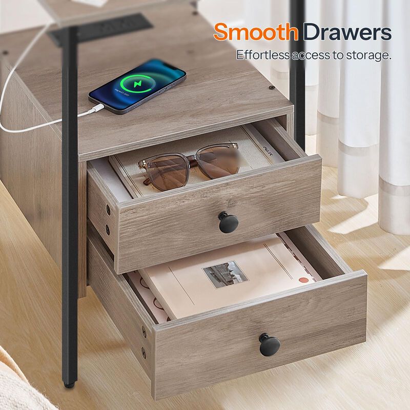 2-Drawer Nightstand with USB Charging Ports and End Table Storage- Greige image number 6