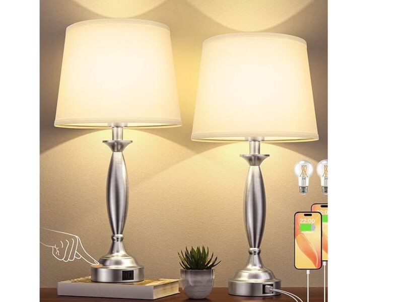 Touch Table Lamp – 3-Way Dimmable, USB-C/A & AC Outlet, Phone Stand