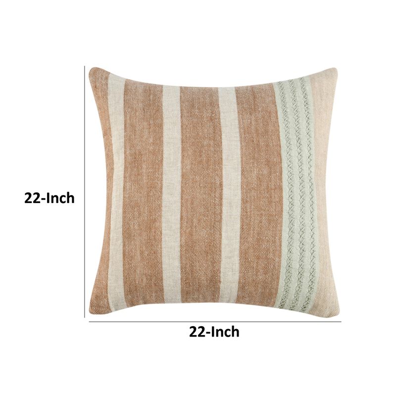 Chia Throw Pillow, 22 Inch Brown White Coastal Striped Linen Pattern - Benzara