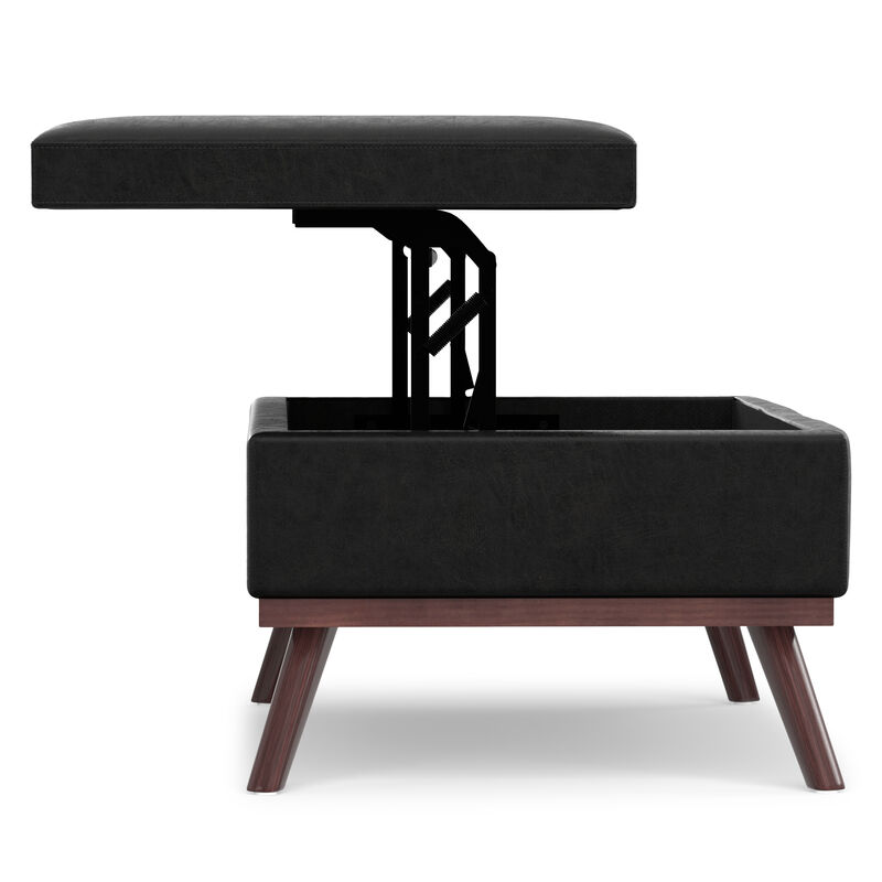 Owen 42 inch Wide Mid Century Modern Rectangle Lift Top Large Coffee Table Storage Ottoman in Distressed Black Vegan Faux Leather, Assembled image number 7