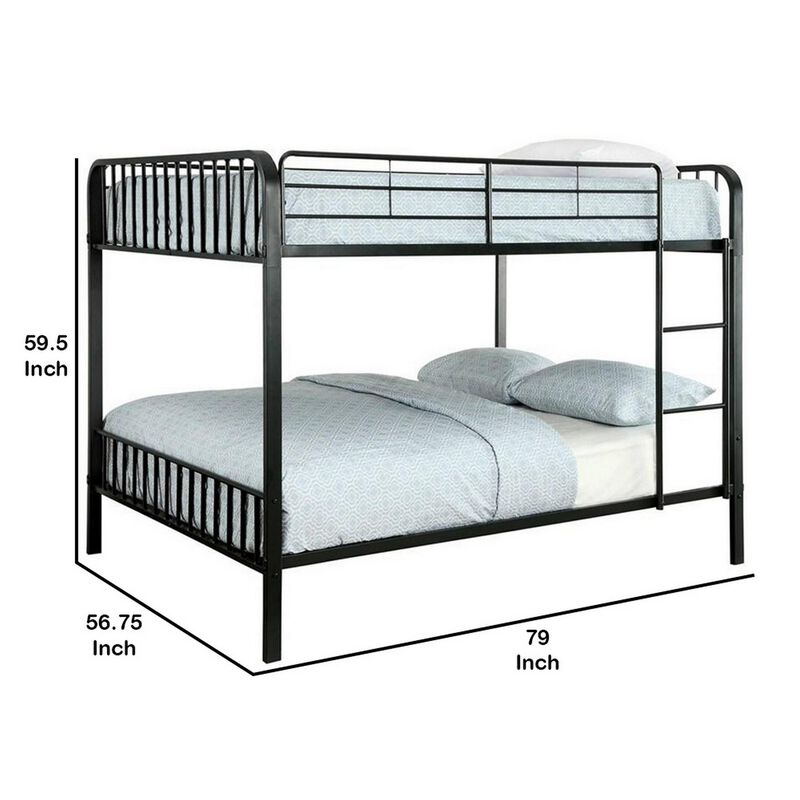 Slatted Design Metal Full Over Full Bunk Bed with Attached Ladder, Black-Benzara
