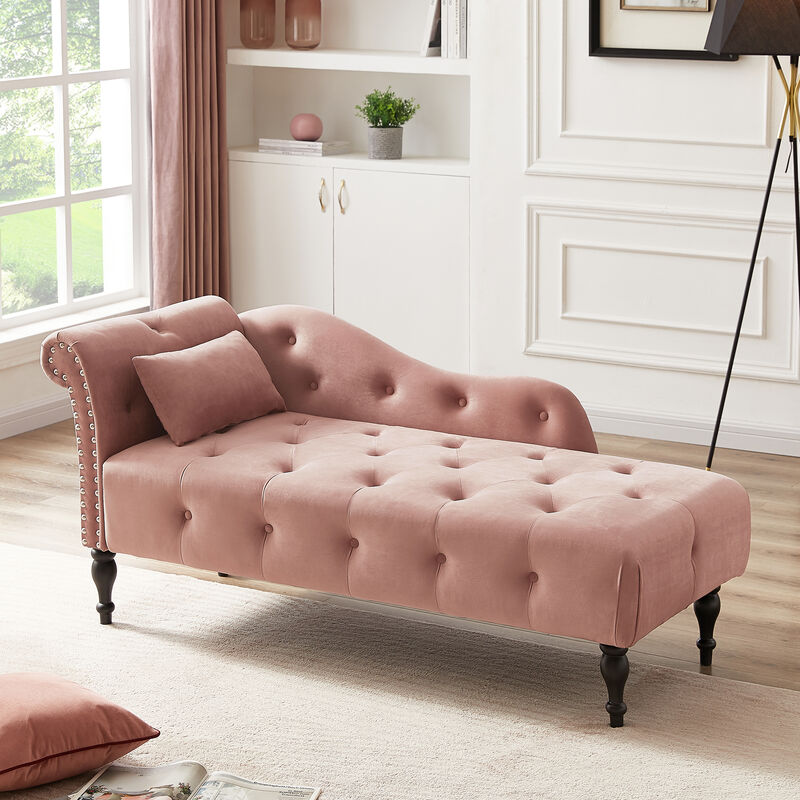 Merax Velvet Chaise Lounge Buttons Tufted Nailhead Trimmed Solid Wood Legs image number 2
