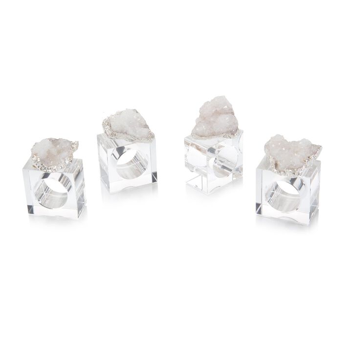 Set Of Four White And Silver Geode Napkin Rings