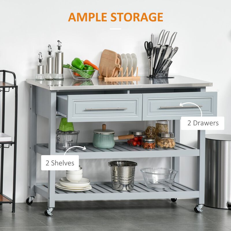 Mobile Kitchen Assistant: Gray Utility Cart with Stainless Top & Drawers