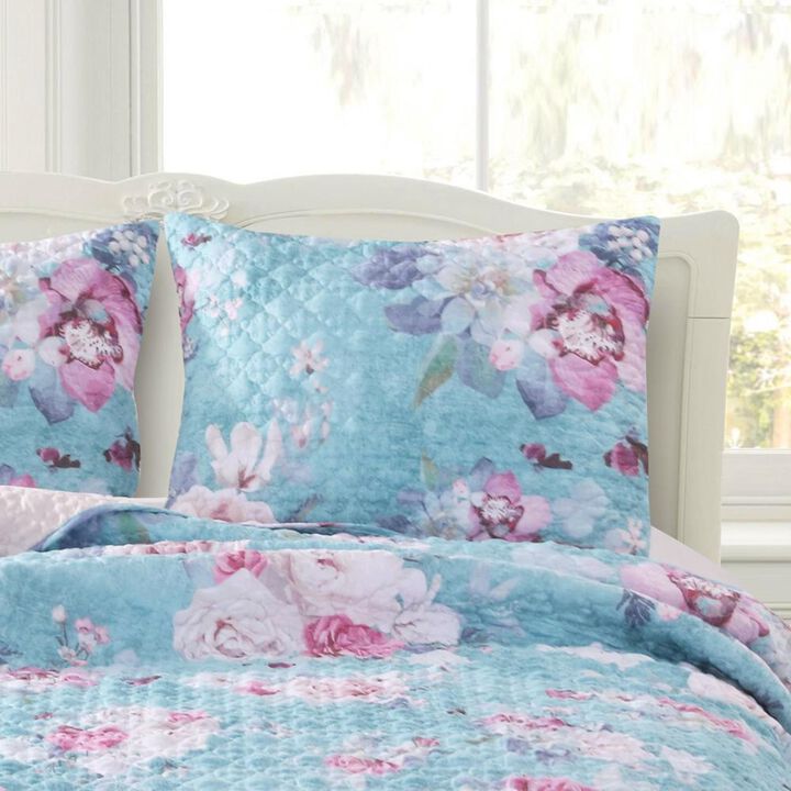 Greenland Home Fashions Barefoot Bungalow Avril Floral Patterns Digitally Printed and Millennial Blush Reverse Pillow Sham - King 20x36", Turquoise Blue
