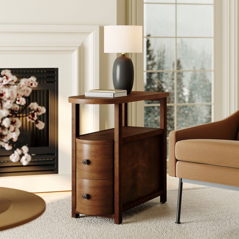 Slim Solid Wood Side Table with 2 Drawers and Open Shelf, End Table image number 7