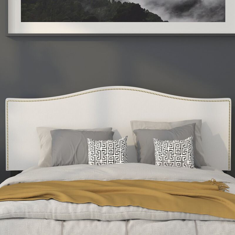 Flash Furniture Upholstered Queen Size Headboard with Accent Nail Trim in White Fabric image number 6