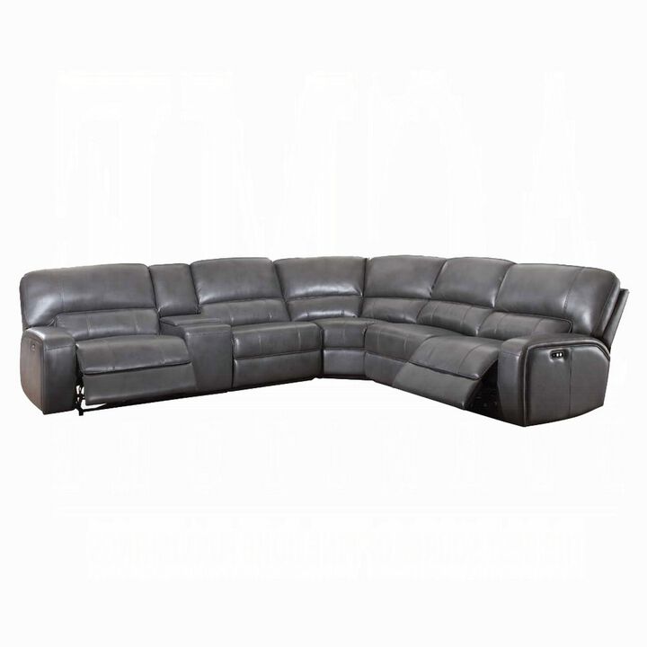 Saley Power Motion Sectional Sofa, USB, Gray Faux Leather, Console - Benzara