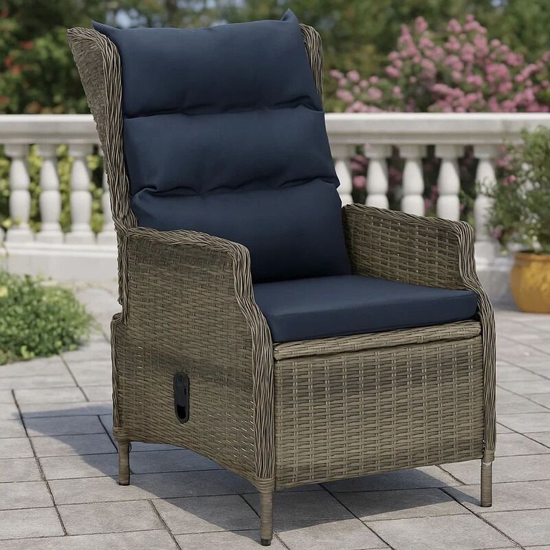 Outdoor Manual Reclining Chair, 2 Cushions, Brown Woven Poly Rattan