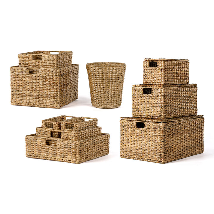 Traditional Assorted Hand-Woven Hyacinth/Iron Baskets, Natural (Set of 10)