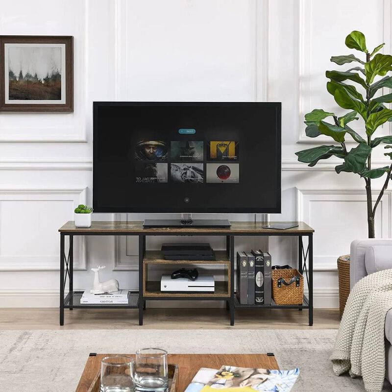 Hivvago Industrial Farmhouse Metal Wood TV Stand with Media Storage Shelves