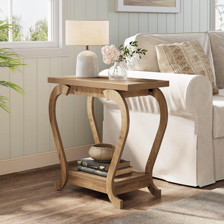 Tribesigns 2-Tier End Table, Narrow Accent Side Table with Storage Shelves, Brown Farmhouse Nightstand Bedside Table with Curved Legs, Small Sofa Side Table for Living Room, Bedroom, and Small Spaces