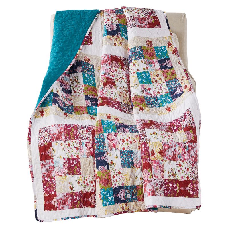 Zay 60 Inch Throw Blanket, Patchwork Floral Print, Teal Blue Microfiber - Benzara