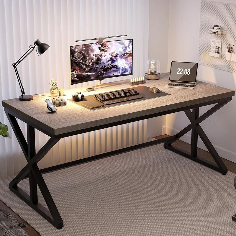 Top True Wood Computer Desk, Modern Writing Desk with Metal Frame for Home Office image number 2