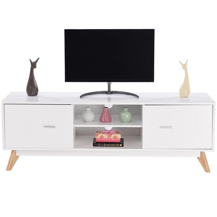 QuikFurn Modern Mid Century Style White TV Stand with Wood Legs