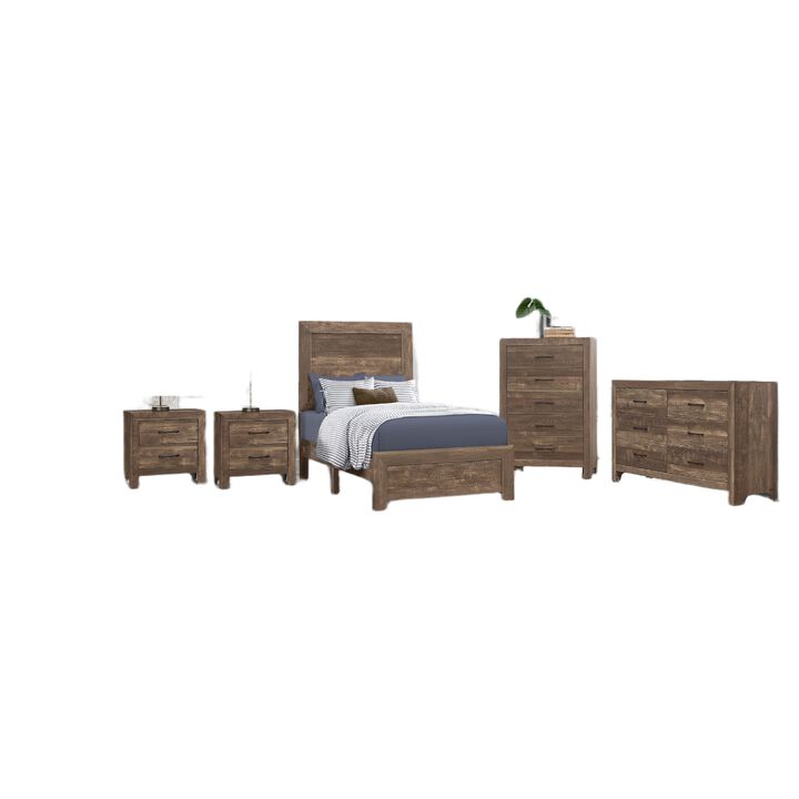 Full Size Bedroom Set, Brown Finish, Panel Design, 5-Piece Set with Bed, Nightstand, Dresser, Mirror and Chest