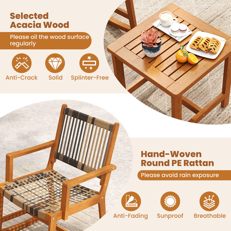 Outdoor 3 Piece Acacia Wood Rocking Set with Rattan Seat and Back image number 6