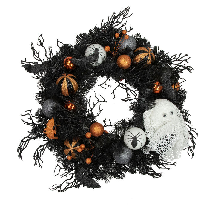 Orange Ornaments and Ghost Halloween Pine Wreath  24-Inch  Unlit