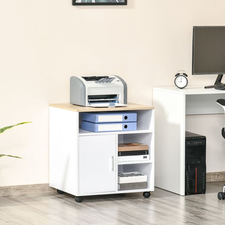 White Filing Cabinet/Printer Stand: Cabinet for filing and printer stand, featuring open storage shelves and an easy drawer for home or office use.