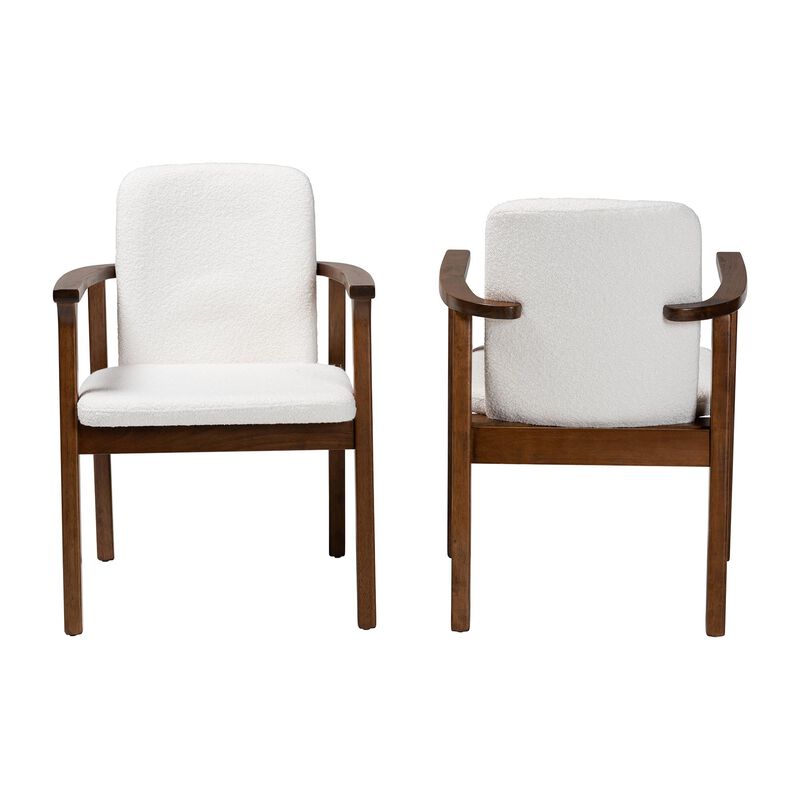 Baxton Studio Miyagi Boucle Upholstered Dining Chair Set of 2- Mid-Century Modern Armchair with Solid Wood Frame and Rounded Backrest, Walnut Brown and White