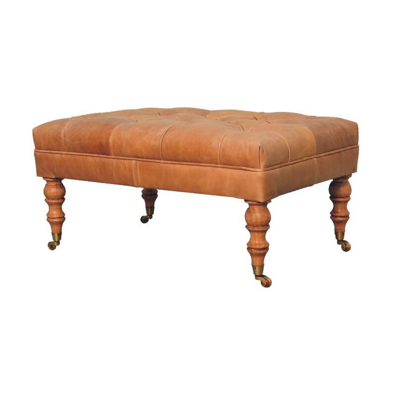 Artisan Furniture  Solid Wood Buffalo Tan Leather Ottoman with Castor Legs