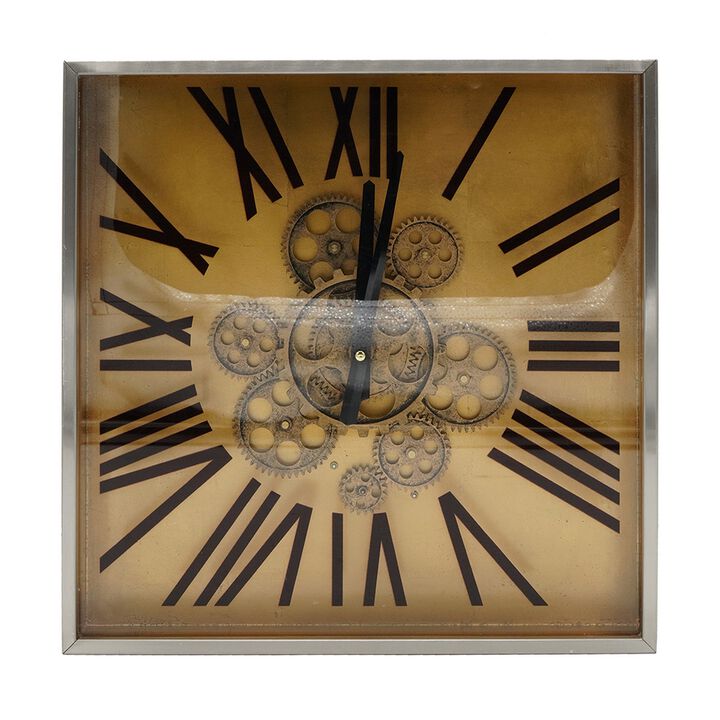 16 Inch Square Wall Clock, Gear Design, Roman Numeral, Gold, Black Finish - Benzara