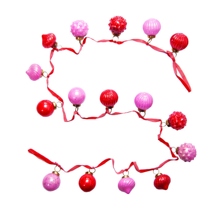 Embossed Mercury Glass Ornament Garland with Velvet Ribbon, Pink and Red