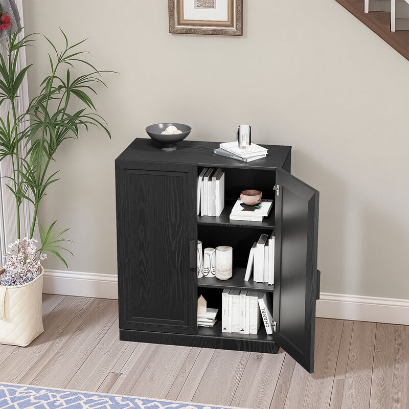 Black Wood Grain Buffet Cabinet, Storage Organizer with Adjustable Shelves and Rattan Doors image number 2