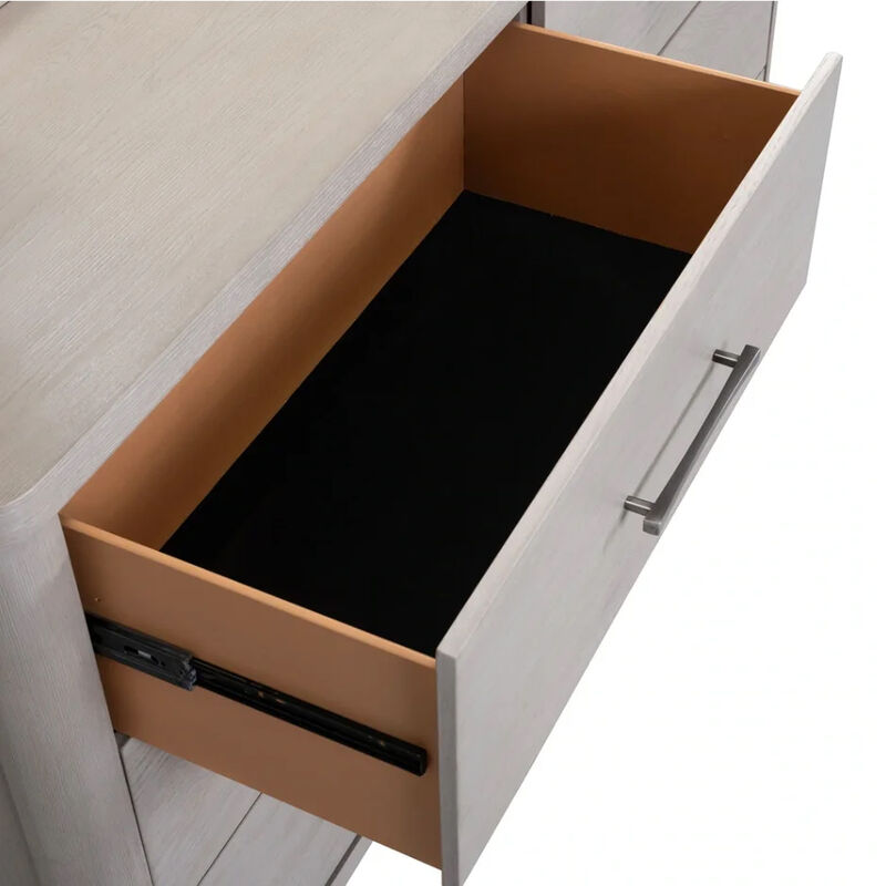 Reham Wide Dresser Chest, 6 Drawers, Pewter Handles, White Wash Brown - Benzara