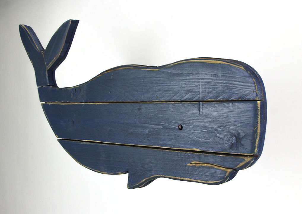 30 Inch Distressed Blue Carved Wood Whale Wall Hanging Decorative Display Art