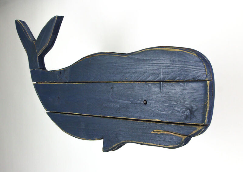 30 Inch Distressed Blue Carved Wood Whale Wall Hanging Decorative Display Art image number 1