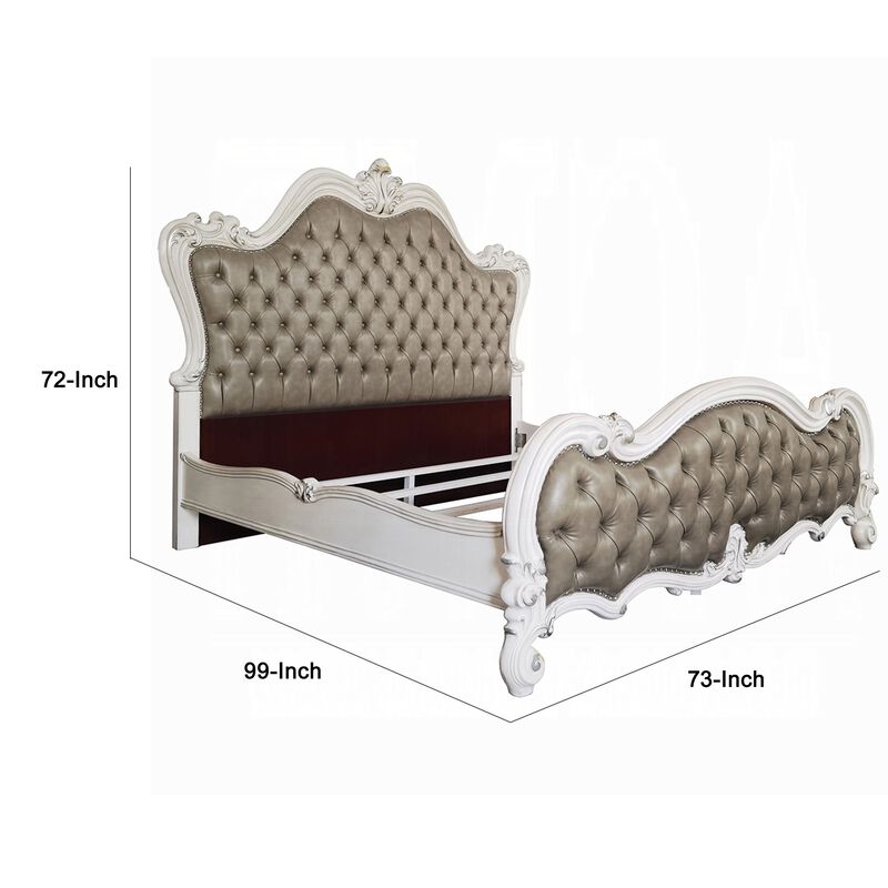 Sicily Queen Bed, Classic White Carved Frame, Tufted Gray Faux Leather - Benzara