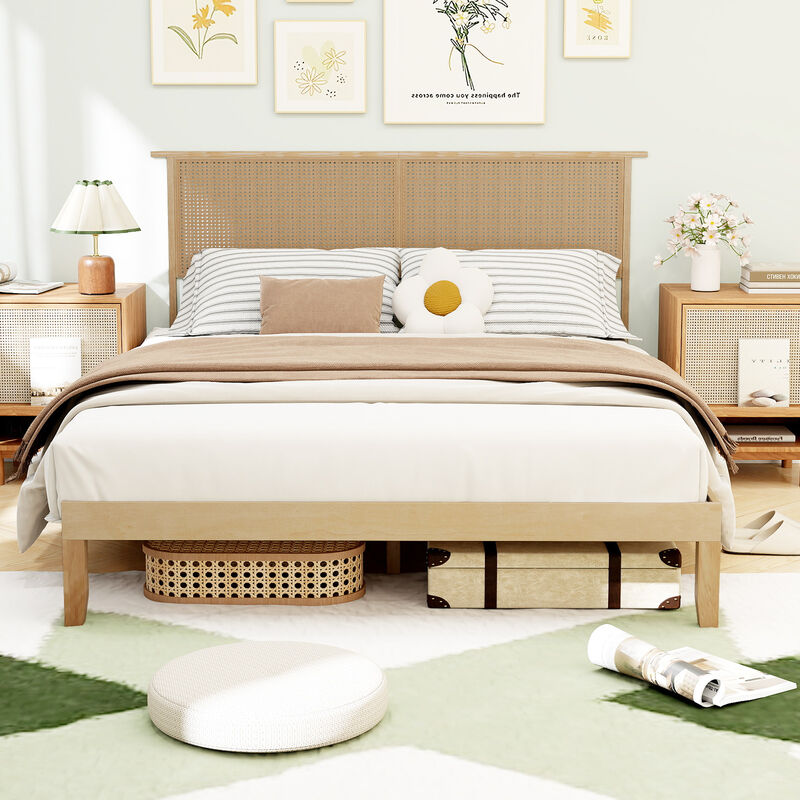 Modern Bed Frame with Rattan Headboard and Wood Slat Support-Natural image number 7