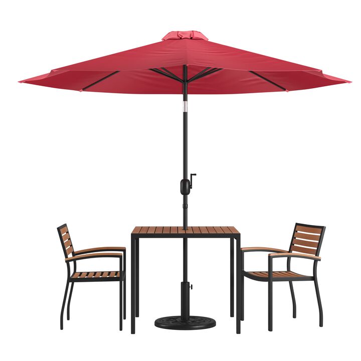 Flash Furniture 5 Piece Outdoor Patio Dining Table Set - 2 Synthetic Teak Stackable Chairs with Arms - 35" Square Table - Red Umbrella with Base