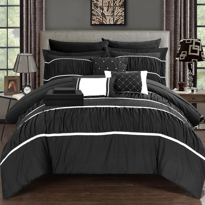 Chic Home Stieg 10 Pieces Comforter Set Complete BIB Pleated Ruched Ruffled Bedding With Sheet Set & Decorative Pillows Shams - Queen 90x90, Black
