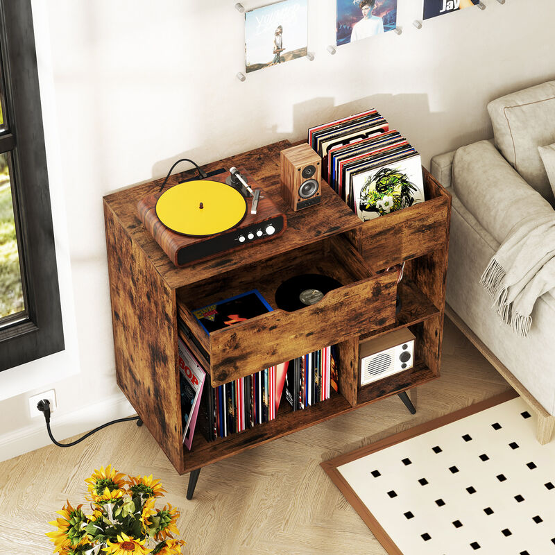 Record Player Console Stand with Power Strip and Storage Space
