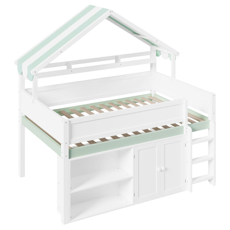 Merax Full Size Loft Bed with Canopy Roof and Storage Cabinet image number 0