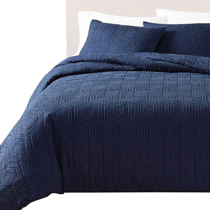 Jose 3 Piece King Size Comforter Set, Matching Shams, Jacquard Navy Blue - Benzara