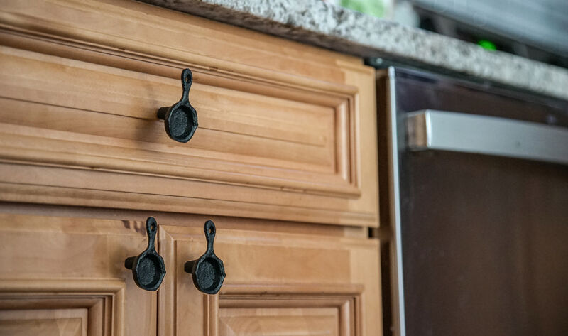 Set of 6 Black Mini Cast Iron Skillet Drawer Pulls - Decorative Kitchen Cabinet Knobs for Rustic Charm - Simple Installation - Each 2.25 Inches in Height image number 1