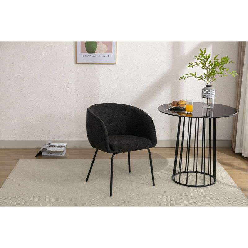 Set of 1 Boucle Fabric Dining Chair With Black Metal Legs, Black