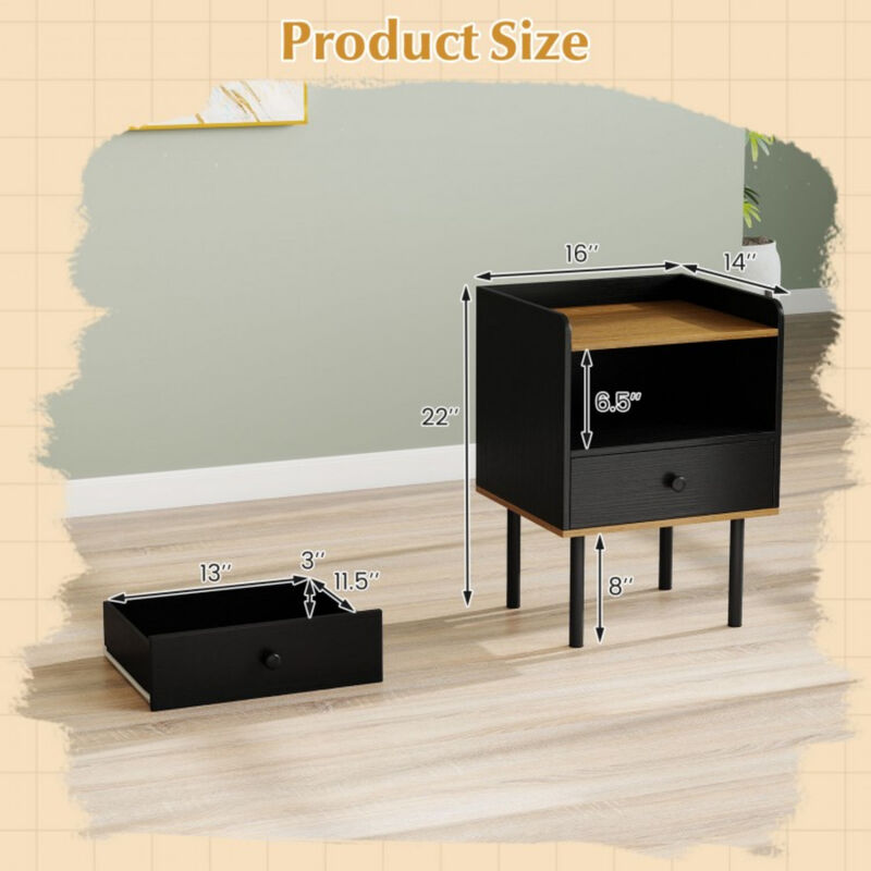 Set of 2 Bedside Nightstand with Storage Drawer and Open Shelf for Bedroom-Black image number 2