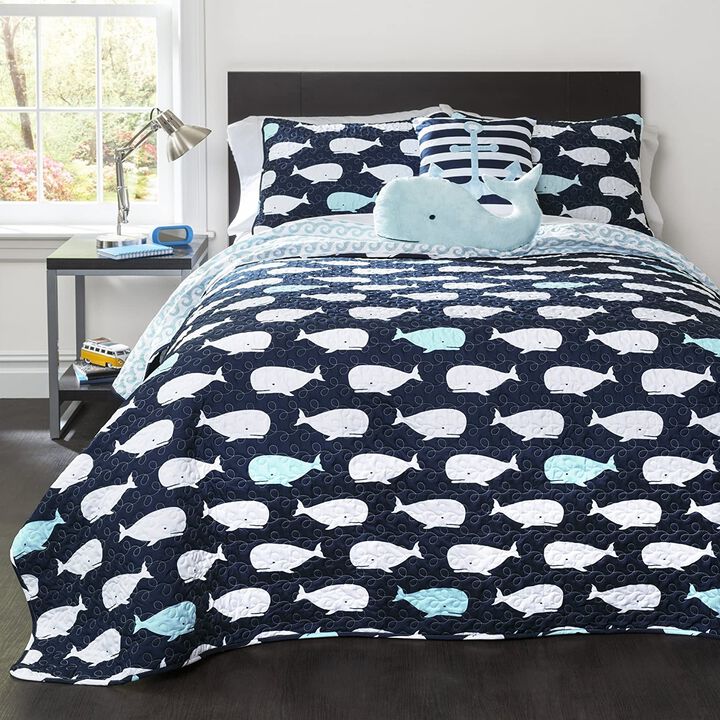 QuikFurn Full/Queen 5 Piece Bed In A Bag Navy Teal Microfiber Waves Whales Quilt Set