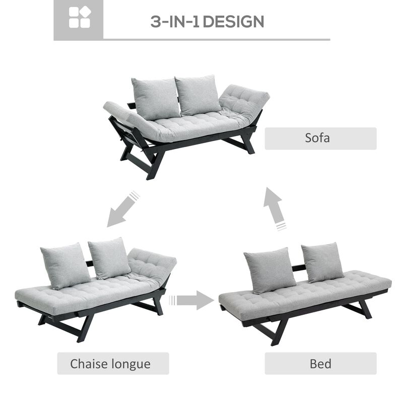 Single Person 3 Position Convertible Chaise Lounger Sofa Bed with 2 Large Pillows and Black Frame, Light Grey