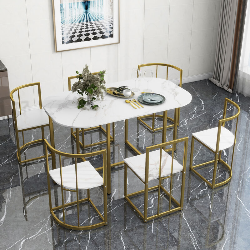 Modern 7-Piece Dining Table Set with Faux Marble Compact 55Inch Kitchen Table Set for 6, Golden+White image number 2