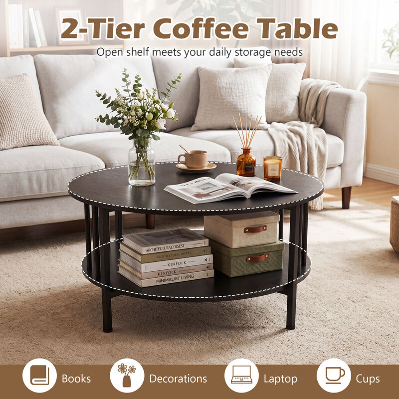 2 Tier Round Coffee Table with Open Storage Shelf and Metal Frame image number 4