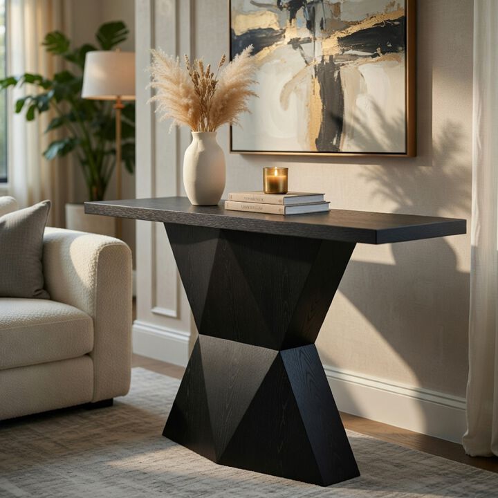 Kia Sofa Console Table, 47 Inch Top, Geometric Pedestal Base, Black