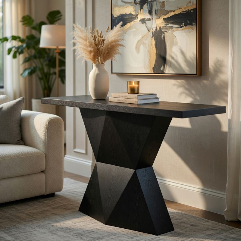 Kia Sofa Console Table, 47 Inch Top, Geometric Pedestal Base, Black image number 1