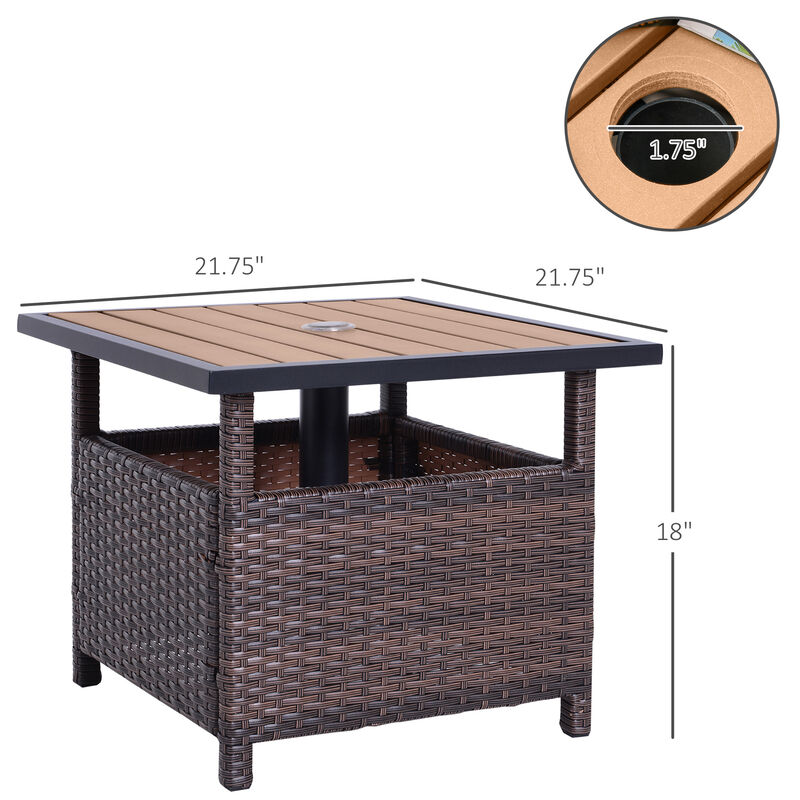 Outsunny 22'' Rattan Wicker Side Table with Steel Frame, Umbrella Insert Hole, Sand Bag for Outdoor, Patio, Garden, Backyard, Brown