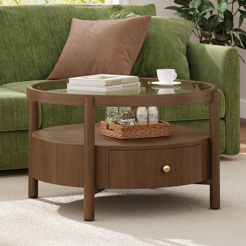 Whisen 29.5" Round Glass Top Coffee Table, Solid Wood 2-Tier Coffee Table with Drawer, Mid-Century Modern Center Table for Living Room image number 1
